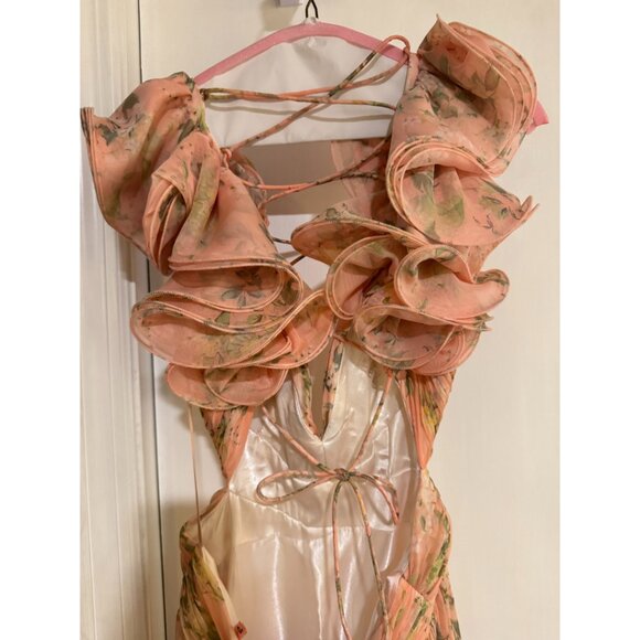 Mac Duggal Pink Ruffle Tiered Floral Cut-Out Chiffon Gown Size 6 *Hemmed* - Picture 6 of 8